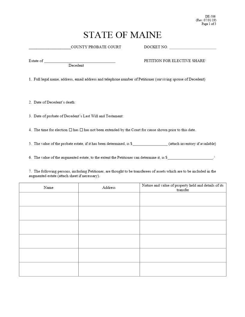 Petition for Elective Share {DE-506} | Pdf Fpdf Docx | Maine
