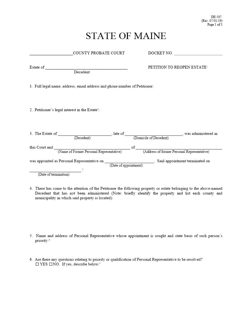Petition to Reopen Estate{DE-507} | Pdf Fpdf Docx | Maine