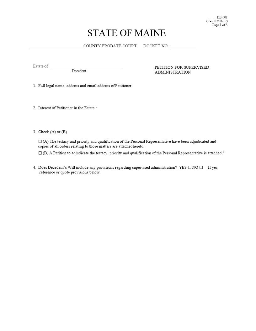 Petition with Respect to Supervised Administration {DE-501} | Pdf Fpdf Docx | Maine
