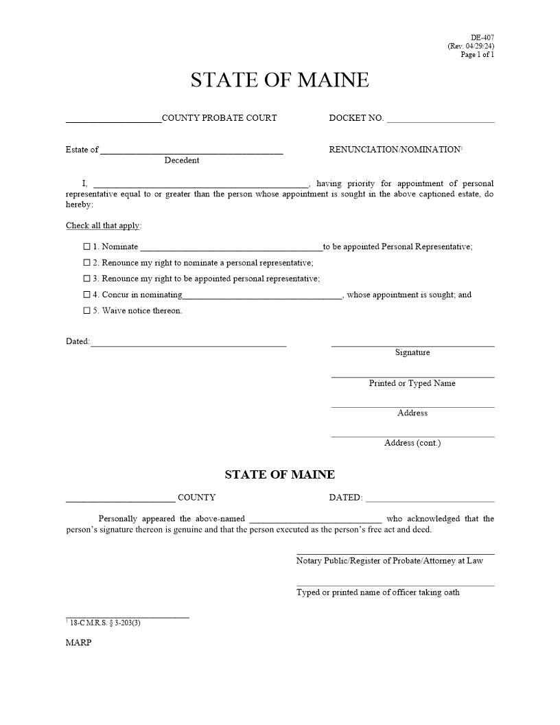 Renunciation Nomination {DE-407} | Pdf Fpdf Doc Docx | Maine