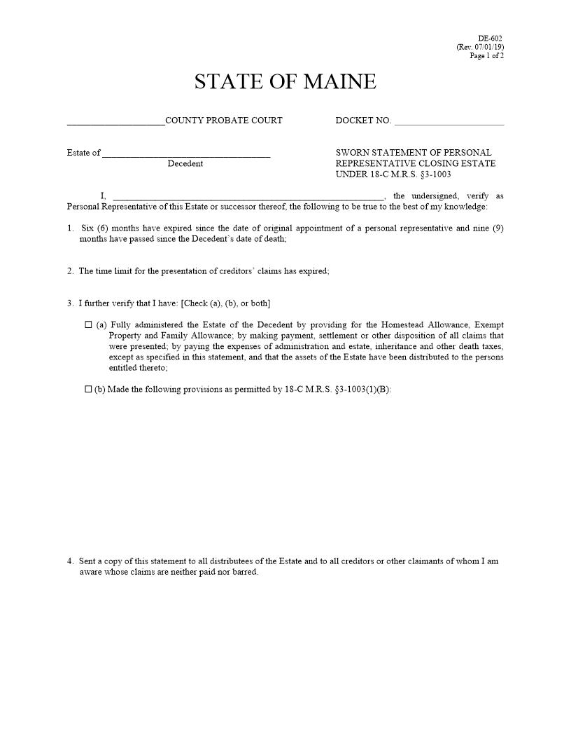 Sworn Statement Of Personal Representative {DE-602} | Pdf Fpdf Docx | Maine