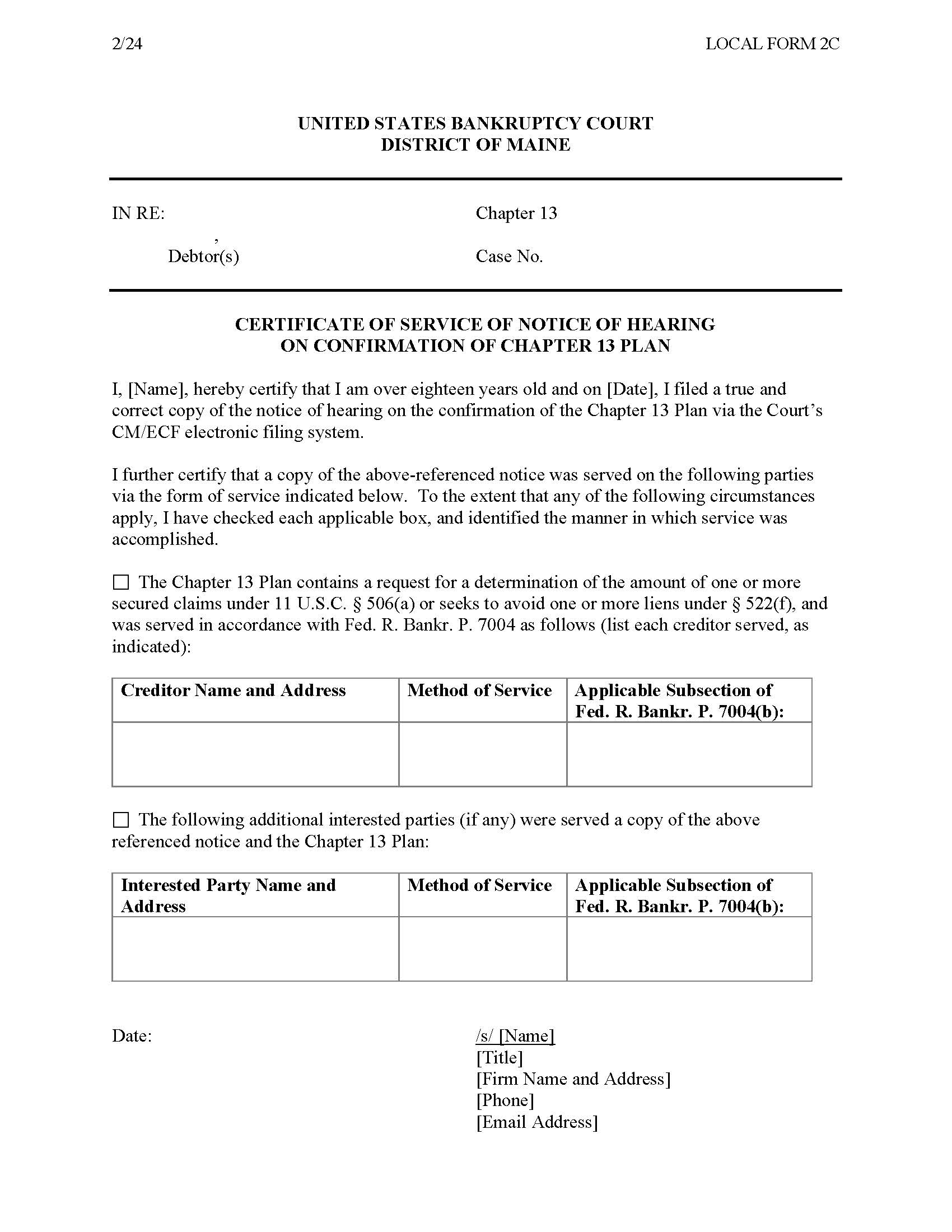 Certificate Of Service Of Notice Of Hearing On Confirmation Of Chapter 13 Plan {2C} | Pdf Fpdf Docx | Maine