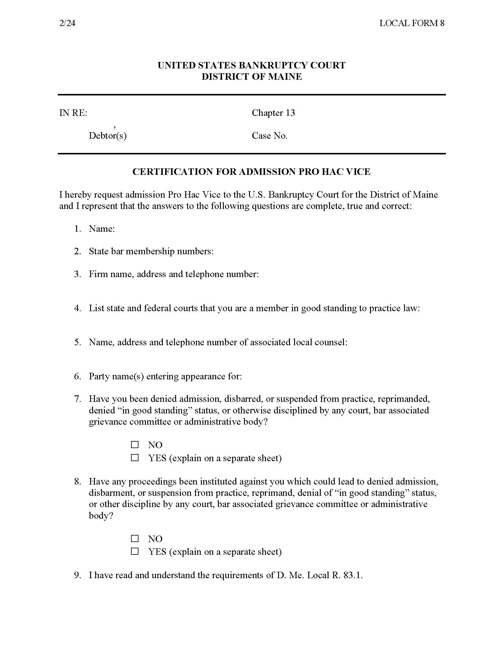 Certification For Admission Pro Hac Vice | Pdf Fpdf Doc Docx | Maine