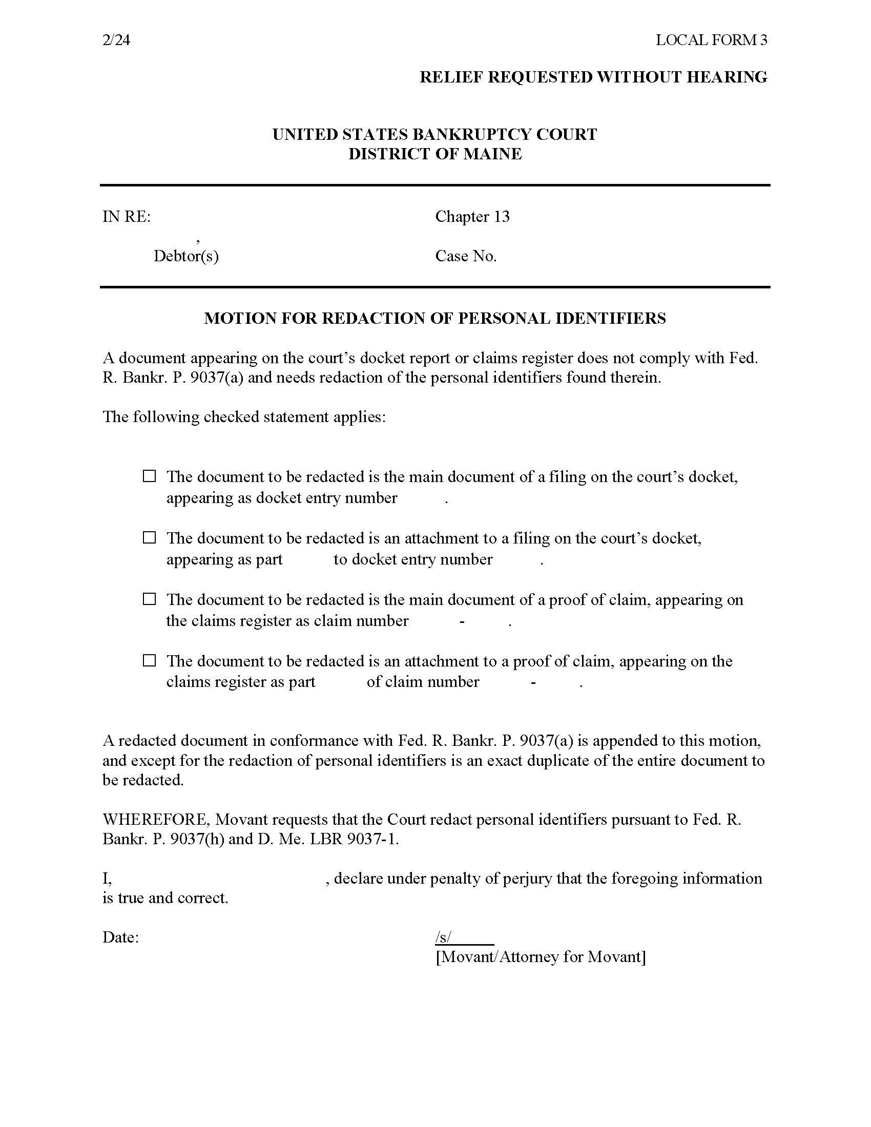 Motion For Redaction Of Personal Identifiers {Form 3} | Pdf Fpdf Docx | Maine
