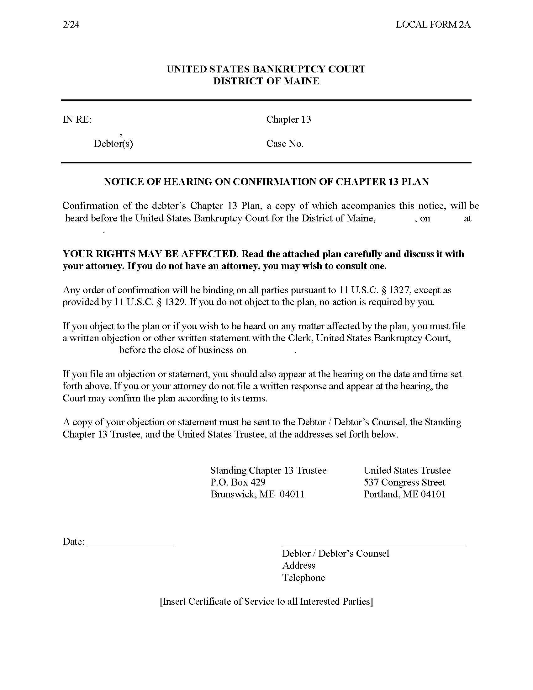 Notice Of Hearing On Confirmation (Chapter 13) {2A} | Pdf Fpdf Docx | Maine