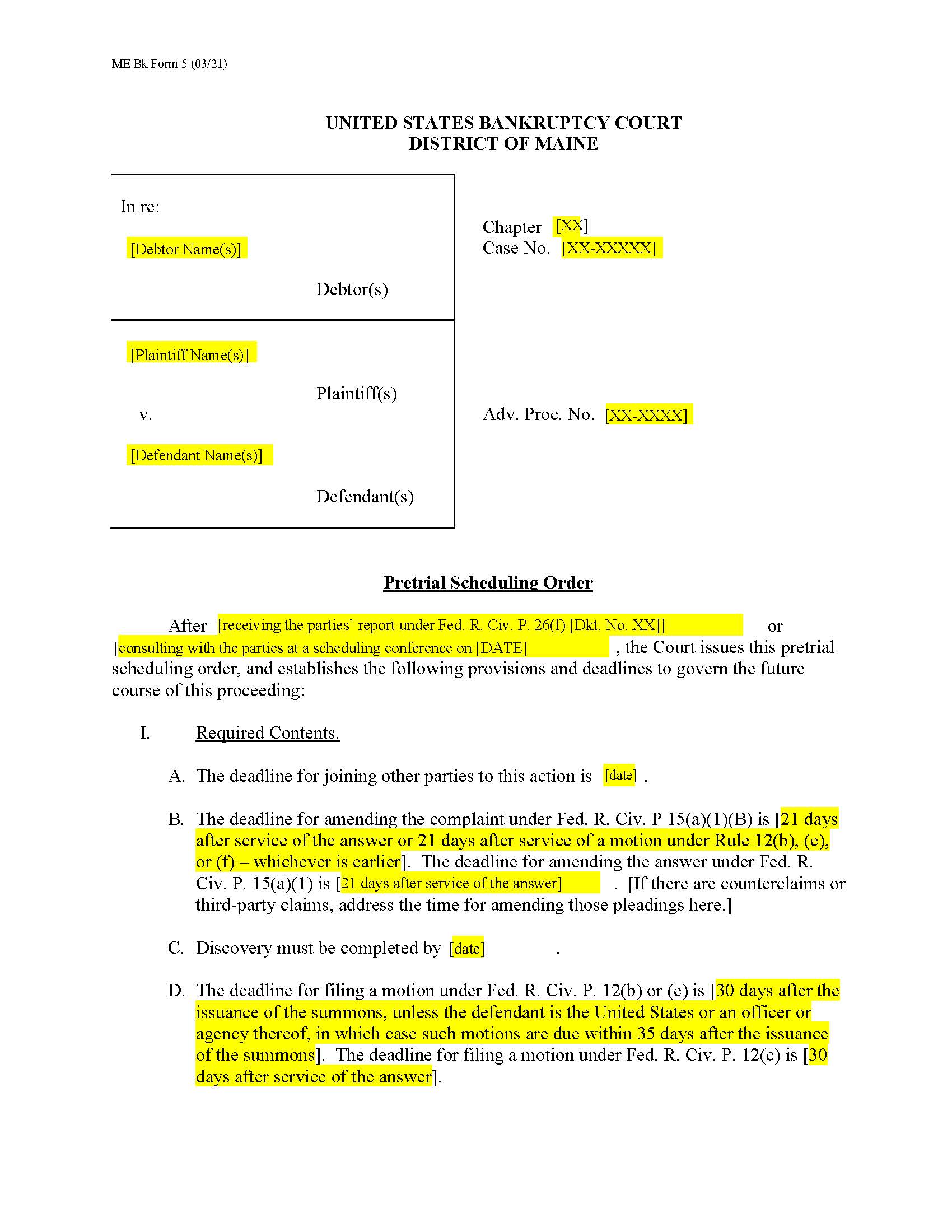 Pretrial Scheduling Order | Pdf Fpdf Doc Docx | Maine