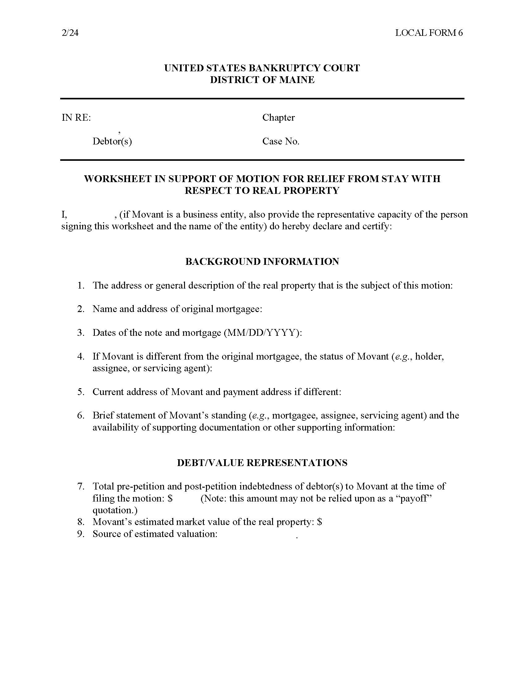 Worksheet In Support Of Motion For Relief From Stay | Pdf Fpdf Doc Docx | Maine