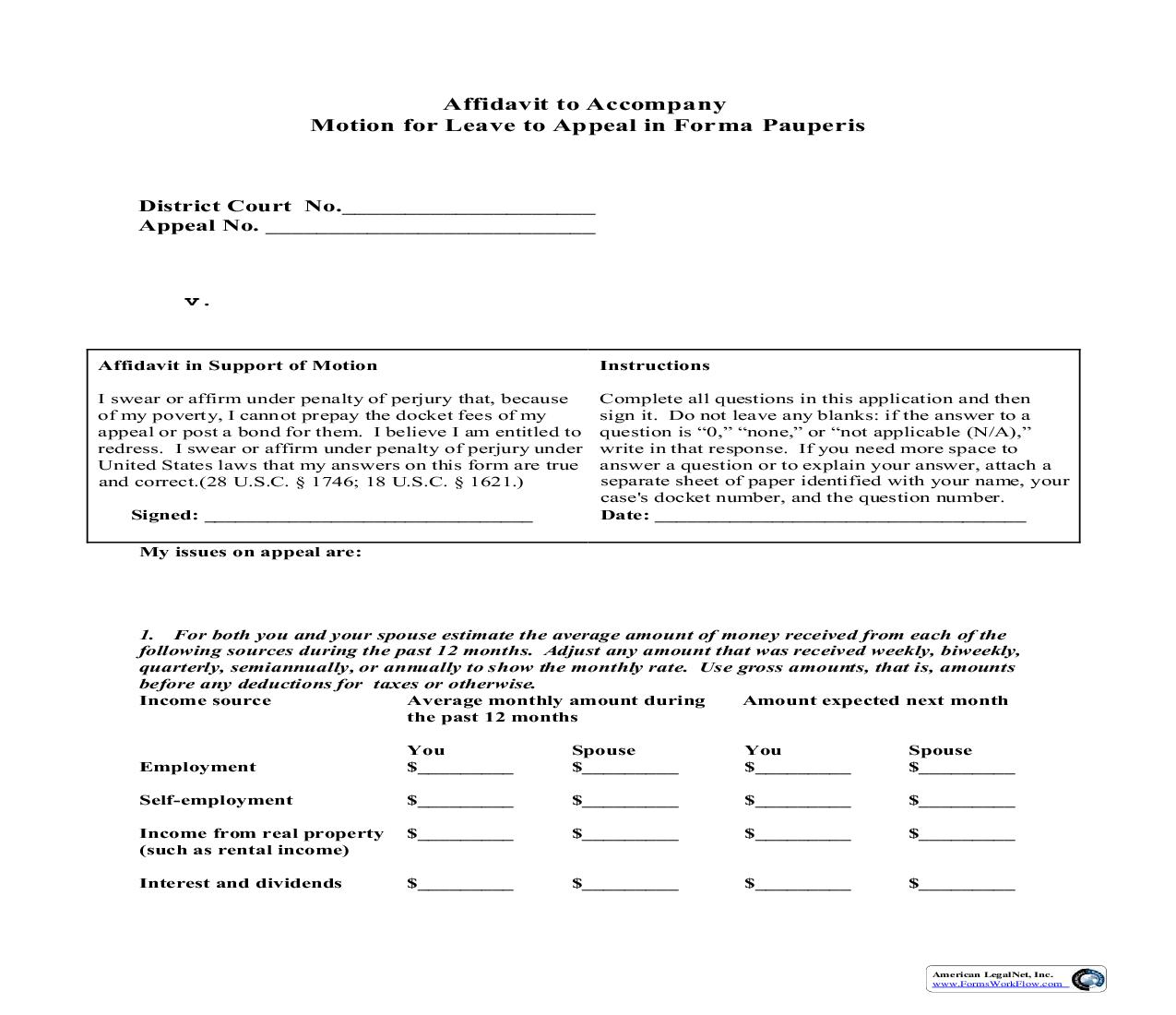 Affidavit To Accompany Motion For Leave To Appeal In Forma Pauperis | Pdf Fpdf Doc Docx | Maine