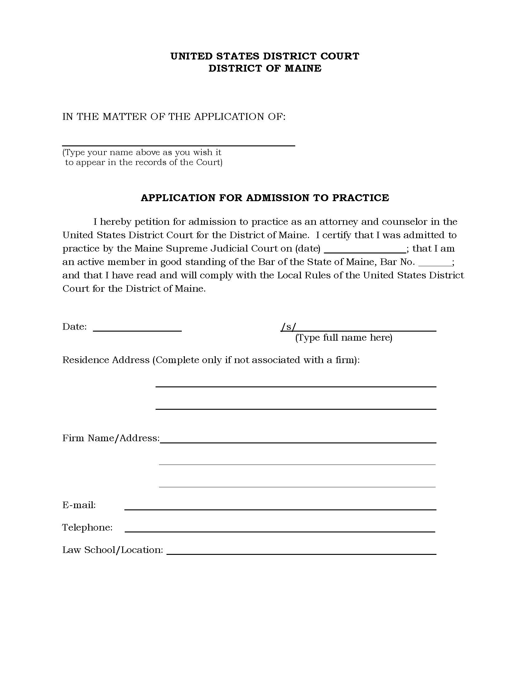 Application For Admission To Practice | Pdf Fpdf Doc Docx | Maine
