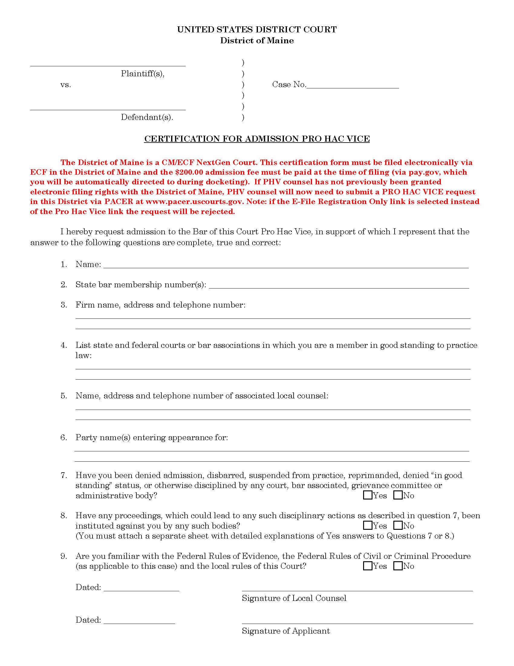 Certification For Admission Pro Hac Vice | Pdf Fpdf Doc Docx | Maine