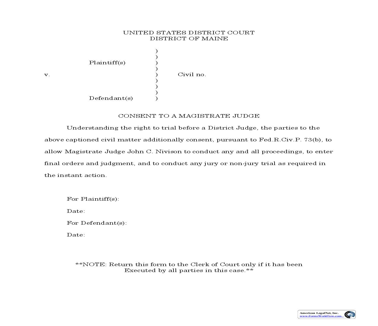 Consent To Magistrate Judge (MJ Nivison) | Pdf Fpdf Doc Docx | Maine
