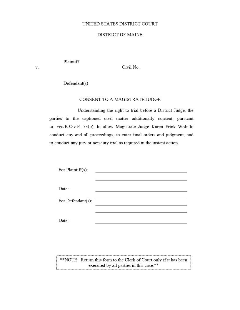 Consent To Magistrate Judge (MJ Wolf) | Pdf Fpdf Docx | Maine