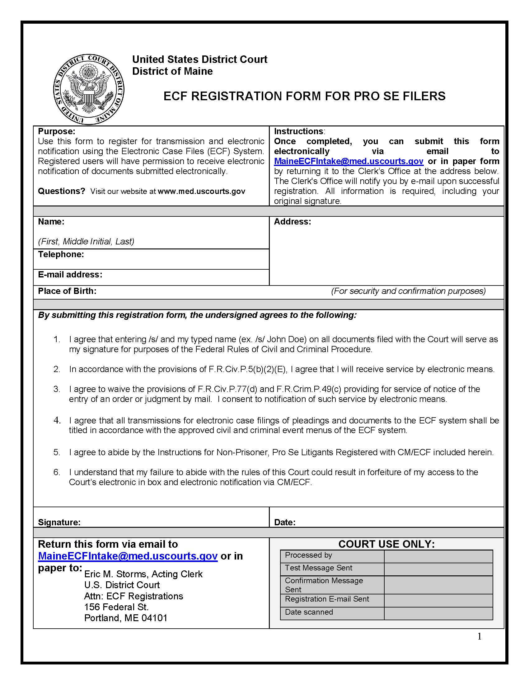 ECF Registration Form For Pro Se Filers | Pdf Fpdf Docx | Maine