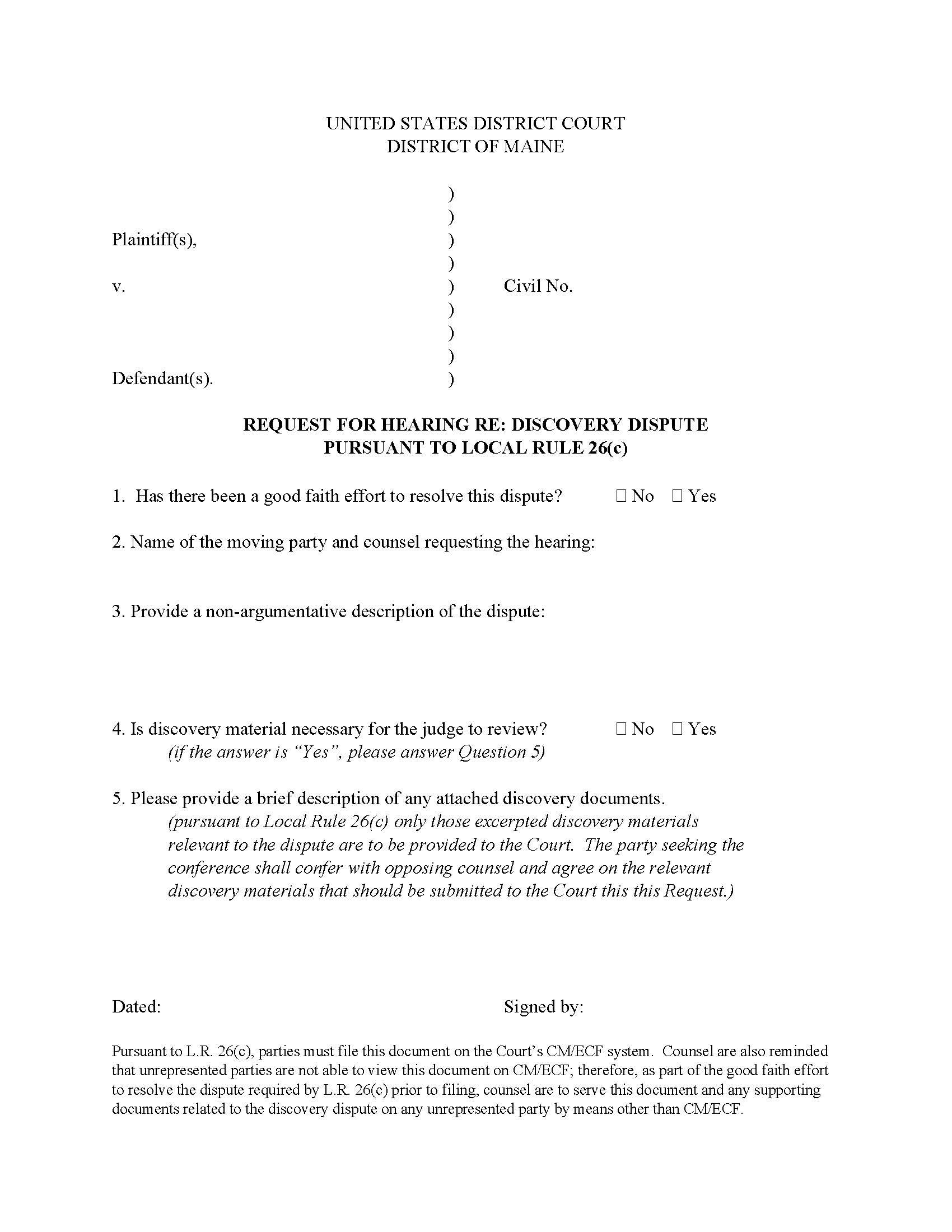 Request For Hearing Regarding Discovery Dispute | Pdf Fpdf Docx | Maine