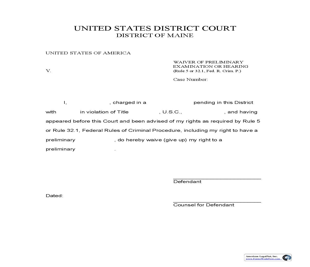 Waiver Of Preliminary Examination Or Hearing | Pdf Fpdf Doc Docx | Maine