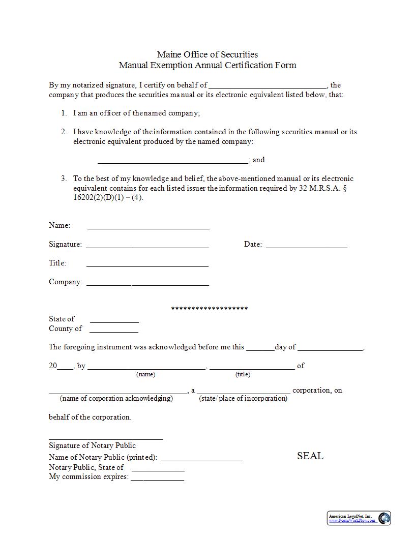 Manual Exemption Annual Certification Form | Pdf Fpdf Docx | Maine
