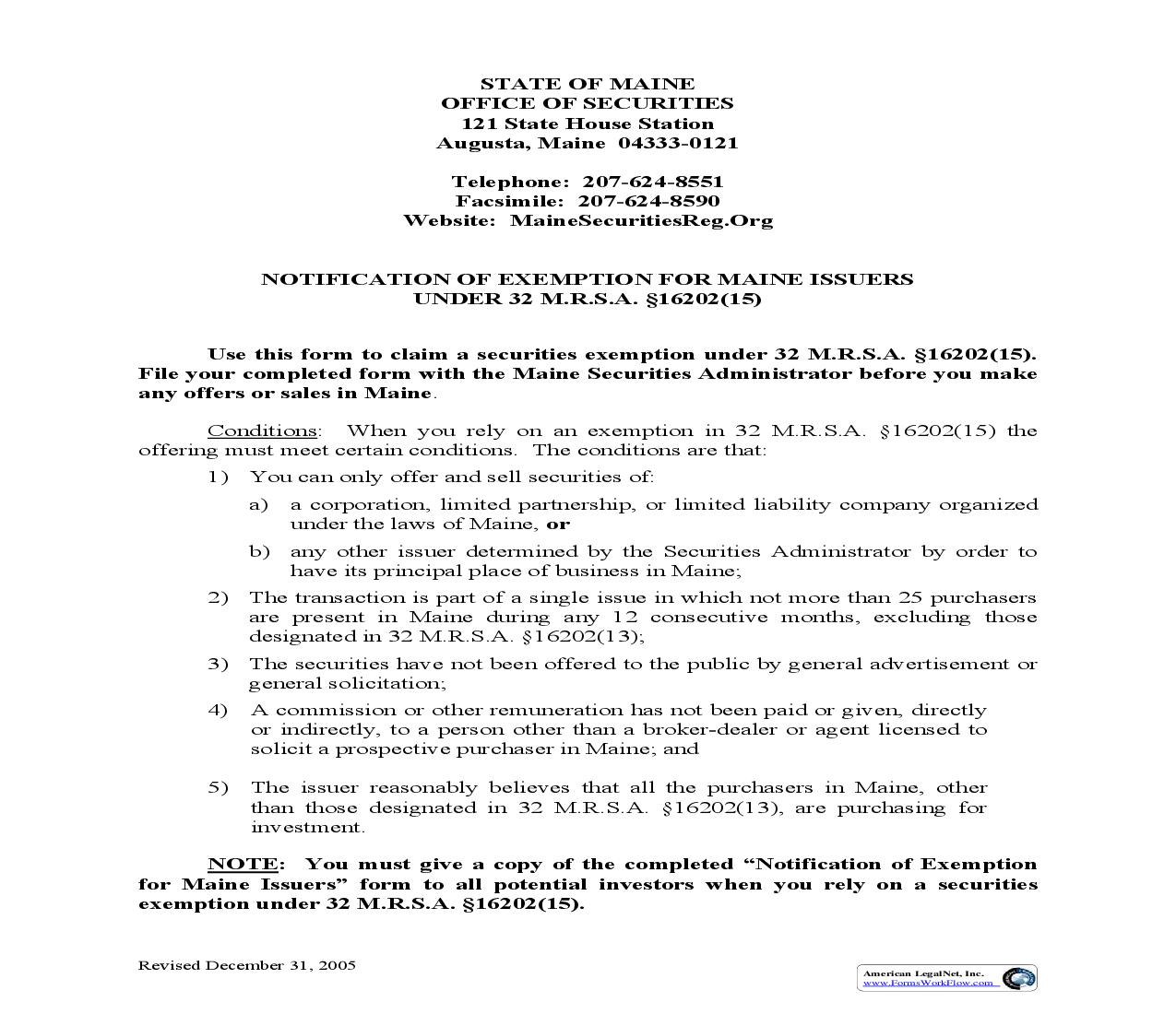 Notification Of Exemption For Small Maine Issuers Under 32 MRSA 10502(2)(Q) {SMC} | Pdf Fpdf Doc Docx | Maine