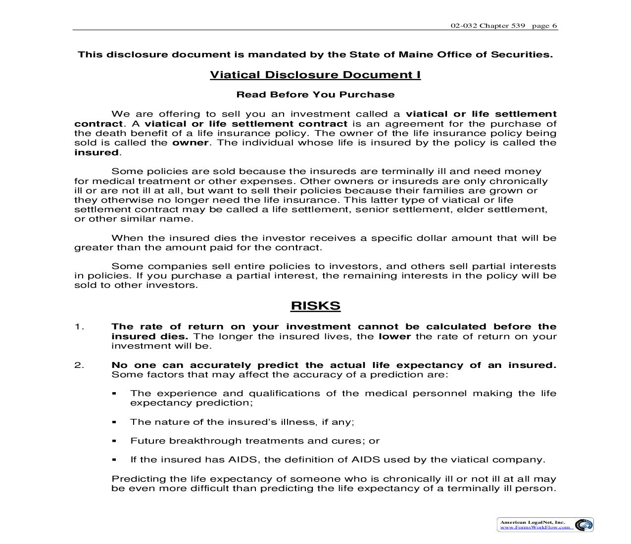 Viatical Disclosure Document I {VIAT1} | Pdf Fpdf Doc Docx | Maine