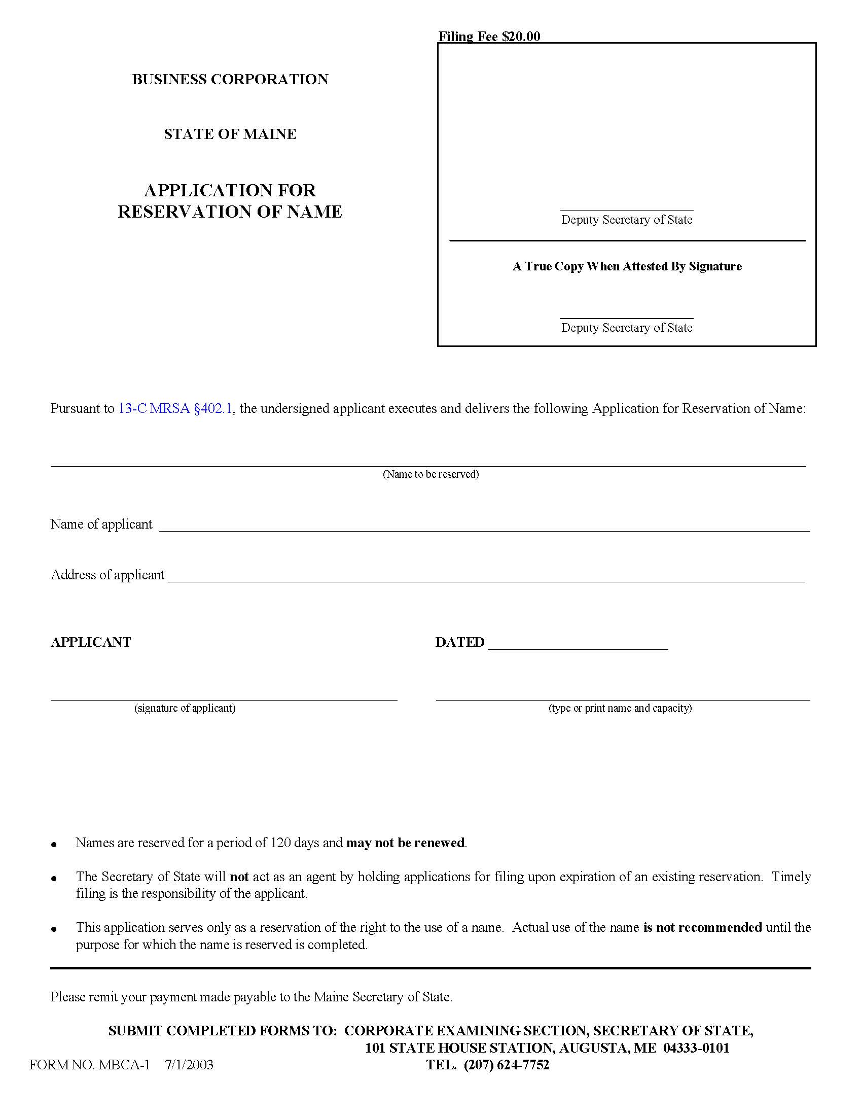 Application For Reservation Of Name {MBCA-1} | Pdf Fpdf Doc Docx | Maine
