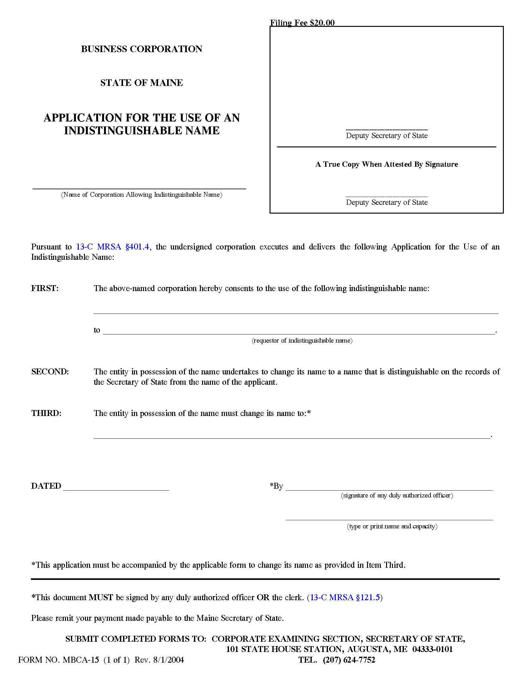 Application For Use Of Indistinguishable Name {MBCA-15} | Pdf Fpdf Doc Docx | Maine