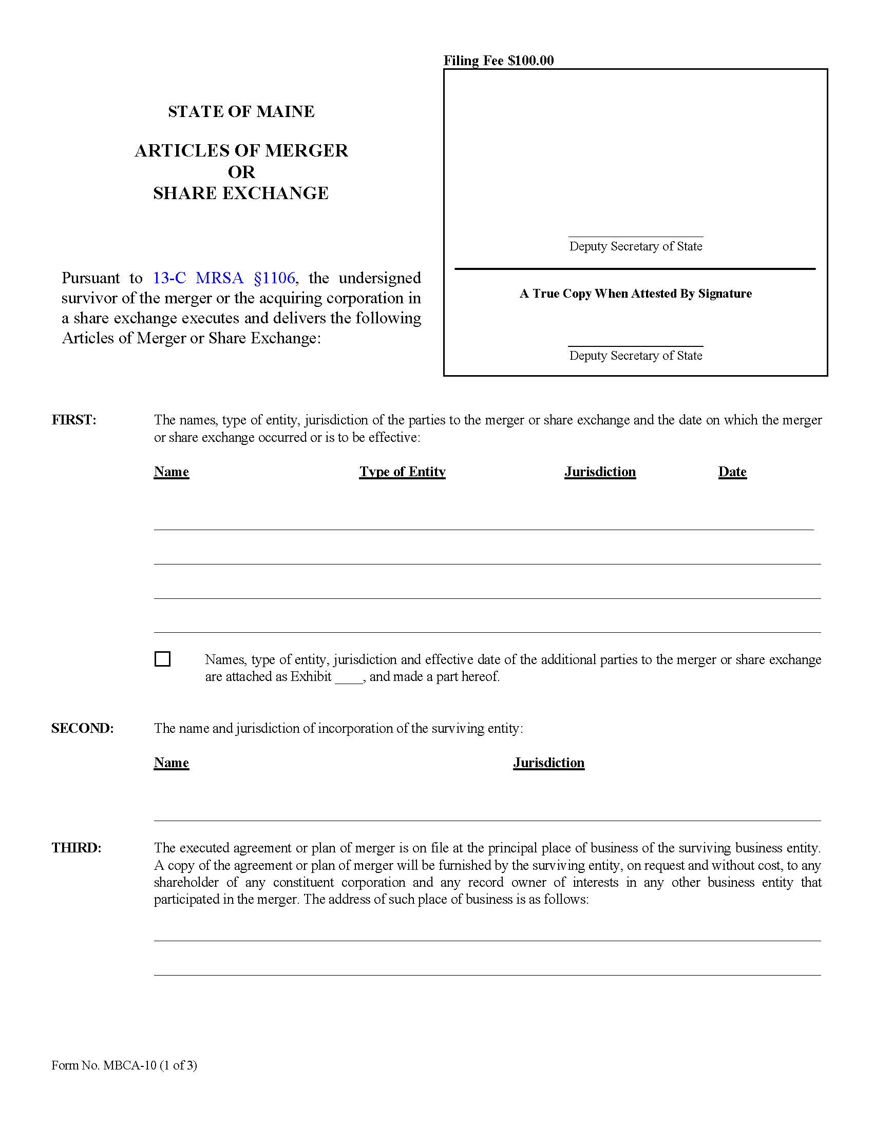 Articles Certificate Of Merger Or Share Exchange {MBCA-10} | Pdf Fpdf Doc Docx | Maine