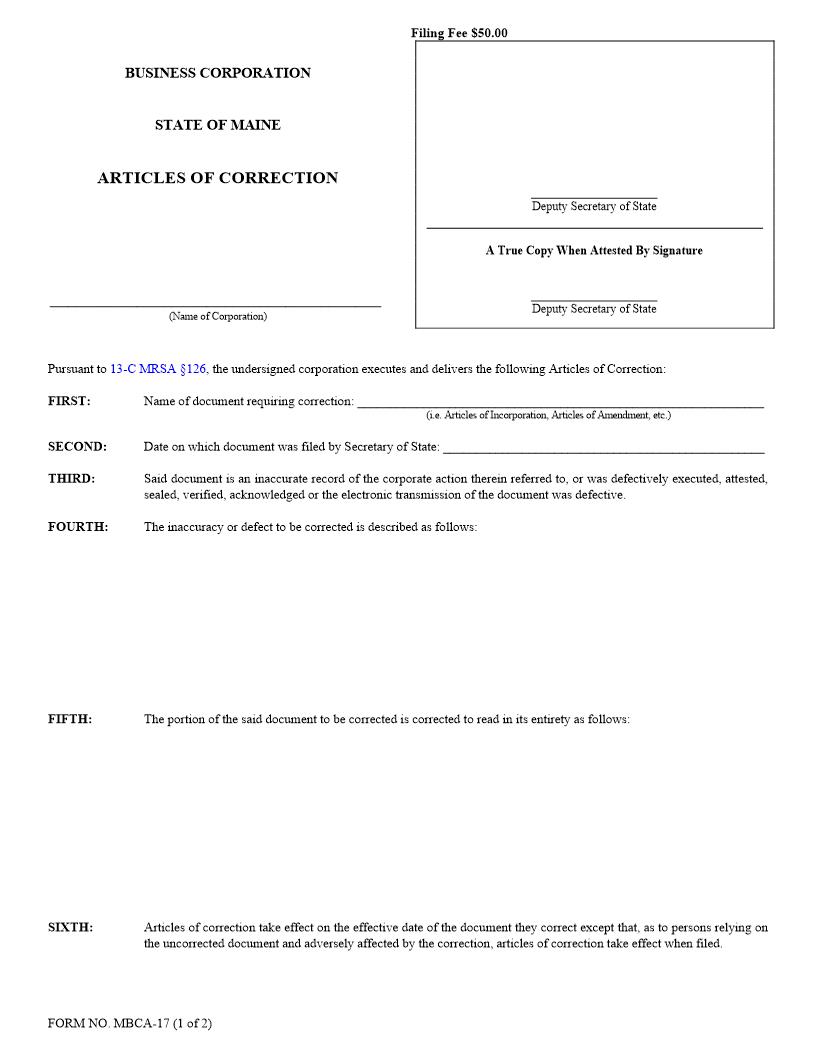 Articles Of Correction {MBCA-17} | Pdf Fpdf Doc Docx | Maine