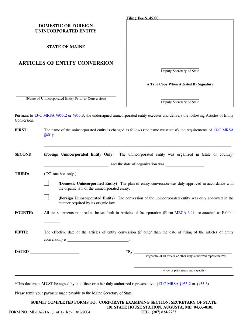 Articles Of Entity Conversion By Domestic Or Foreign Unincorporated Entity {MBCA-21A} | Pdf Fpdf Doc Docx | Maine