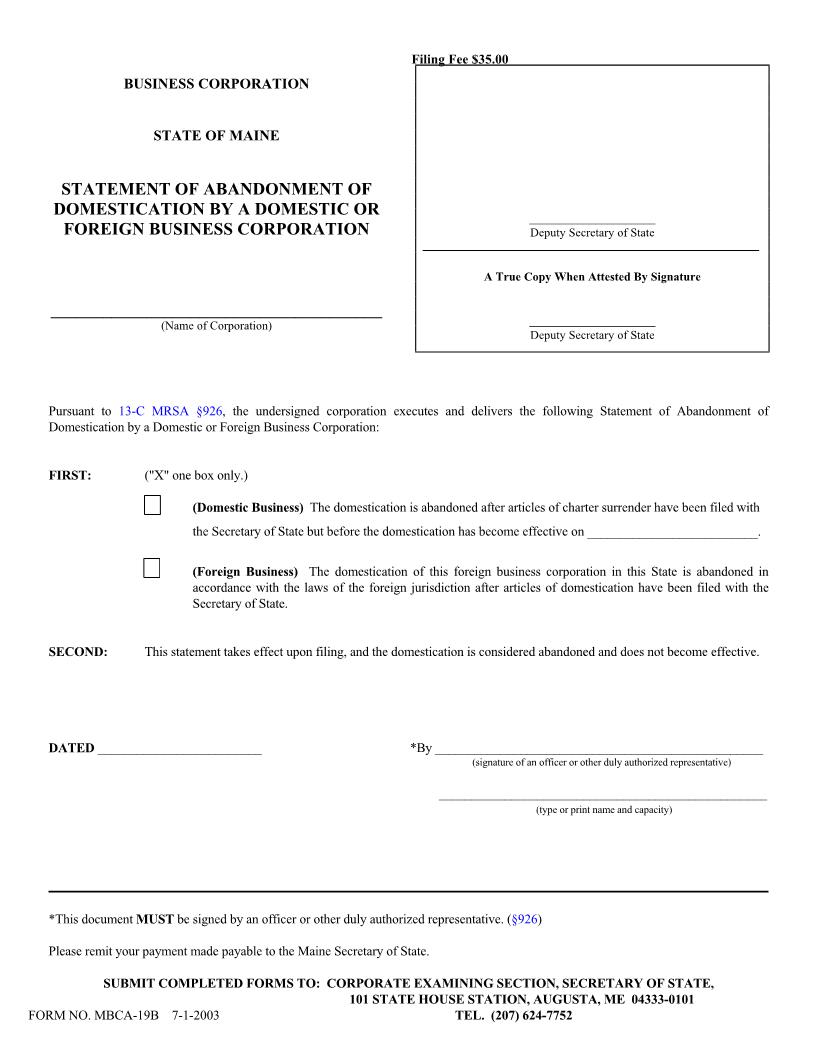 Statement Of Abandonment Of Domestication By Domestic Or Foreign Business Corporation {MBCA-19B} | Pdf Fpdf Doc Docx | Maine