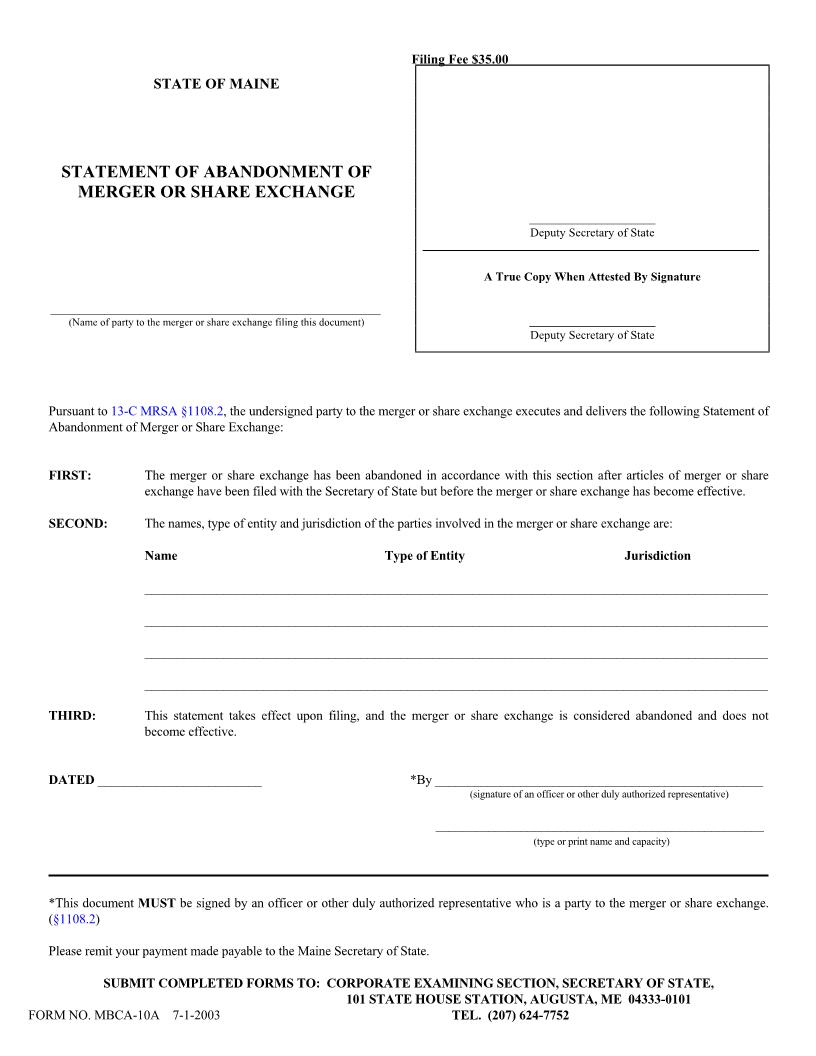 Statement Of Abandonment Of Merger Or Share Exchange {MBCA-10A} | Pdf Fpdf Doc Docx | Maine