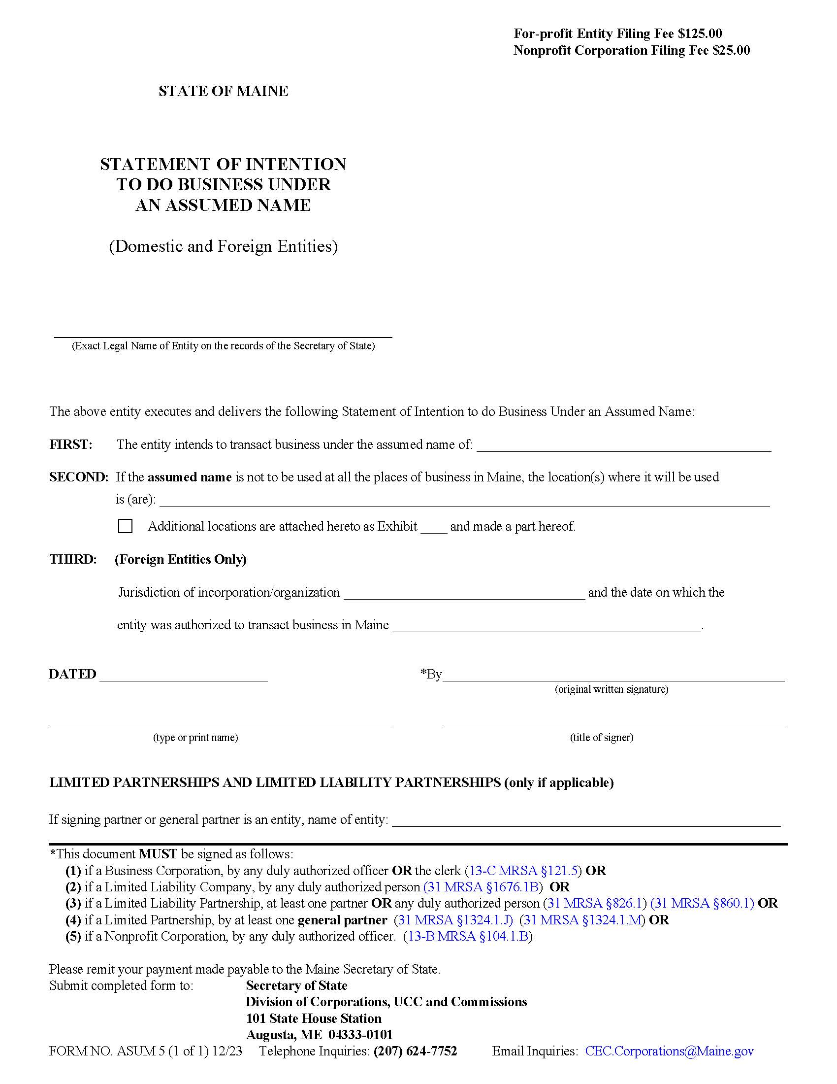 Statement Of Intention To Do Business Under An Assumed Name {ASUM 5} | Pdf Fpdf Docx | Maine