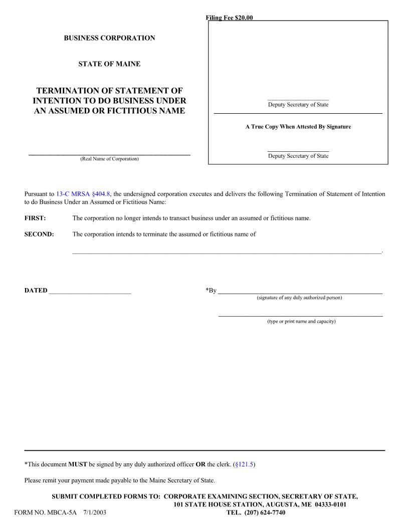 Termination Of Statement Of Intention To Do Business Under Assumed Or Fictitious Name {MBCA-5A} | Pdf Fpdf Docx | Maine