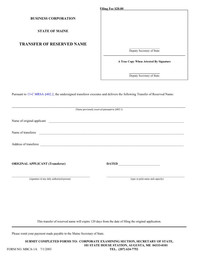 Transfer Of Reserved Name {MBCA-1A} | Pdf Fpdf Doc Docx | Maine