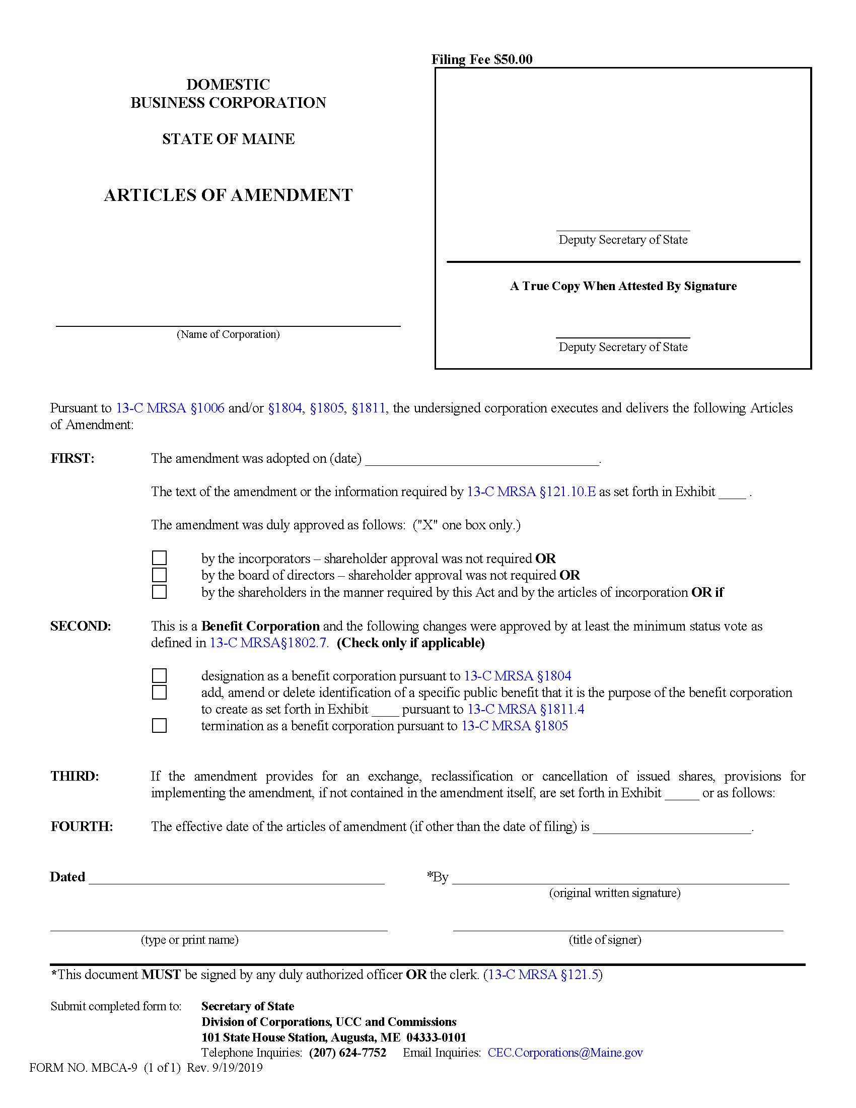 Articles Of Amendment {MBCA-9} | Pdf Fpdf Doc Docx | Maine