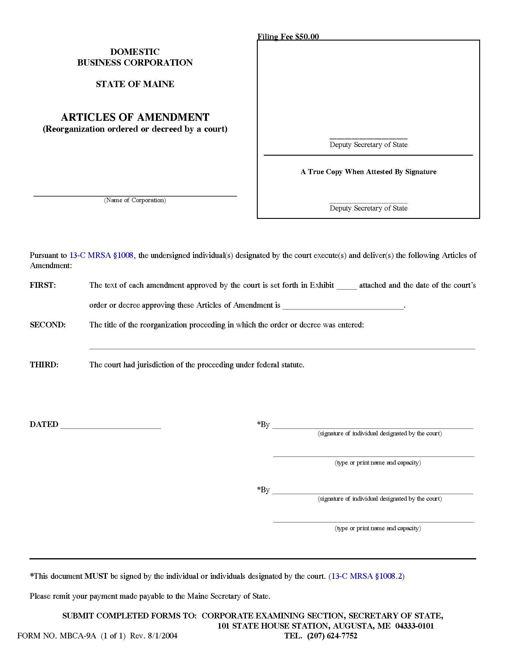 Articles Of Amendment Reorganization Ordered Or Decreed By Court {MBCA-9A} | Pdf Fpdf Doc Docx | Maine