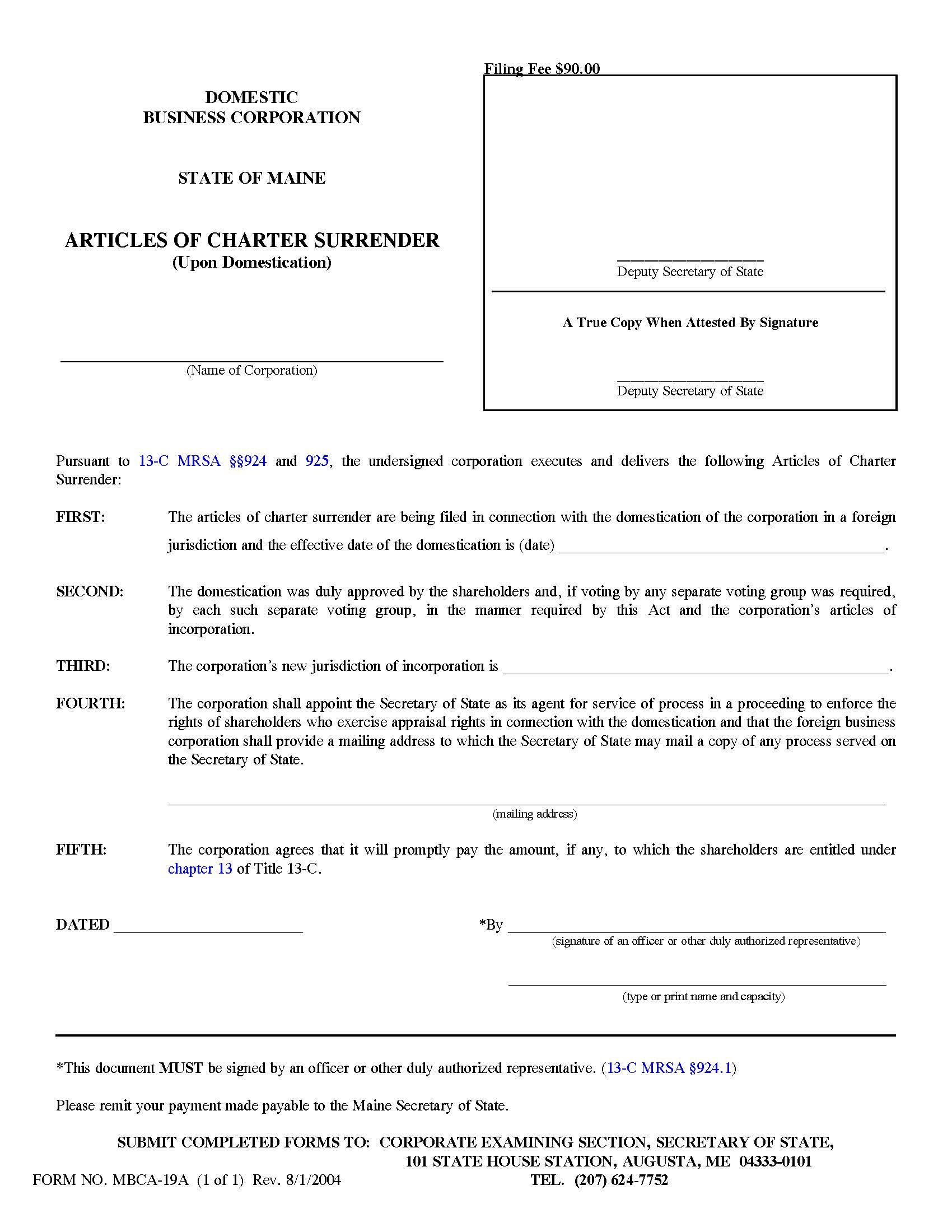 Articles Of Charter Surrender Upon Domestication {MBCA-19A} | Pdf Fpdf Doc Docx | Maine