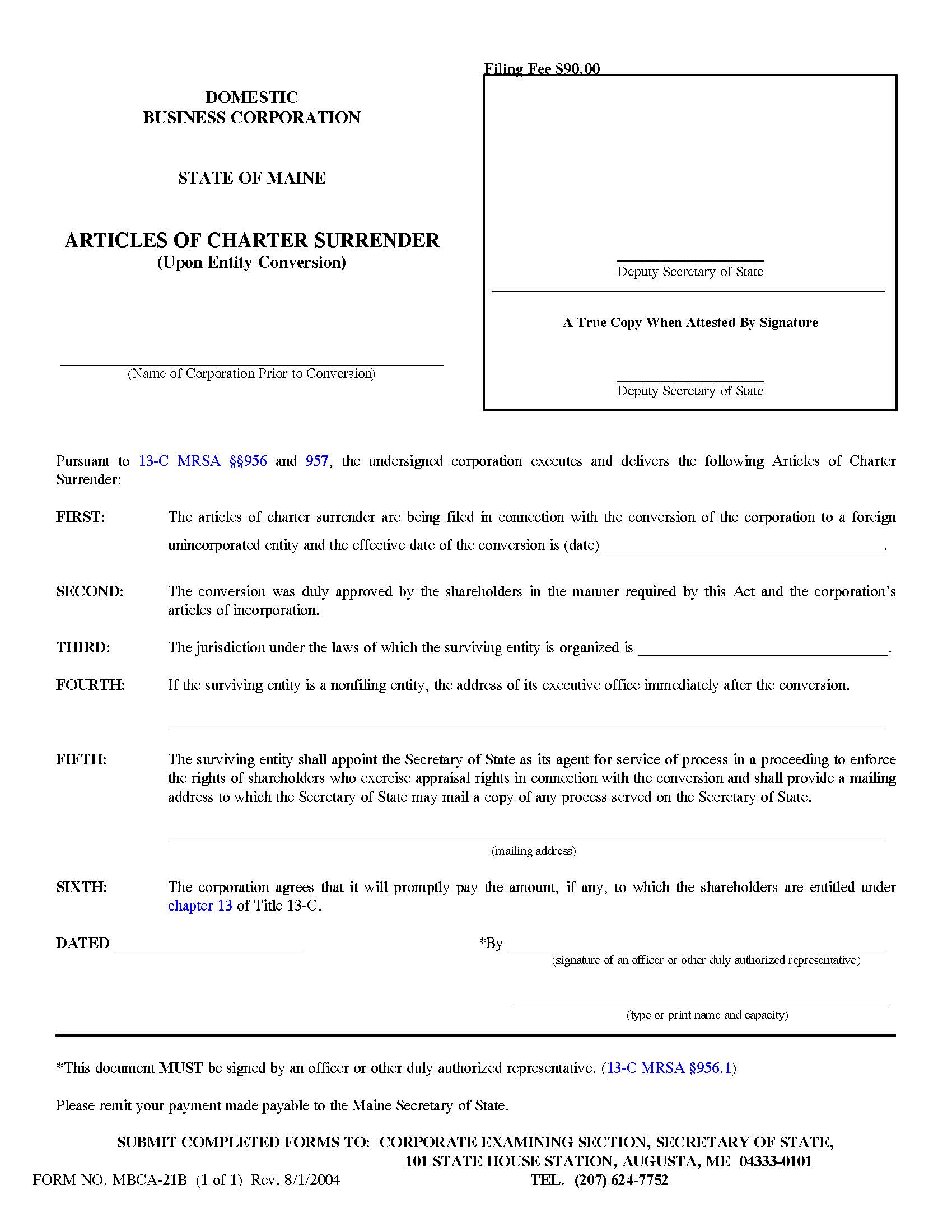 Articles Of Charter Surrender Upon Entity Conversion {MBCA-21B} | Pdf Fpdf Doc Docx | Maine