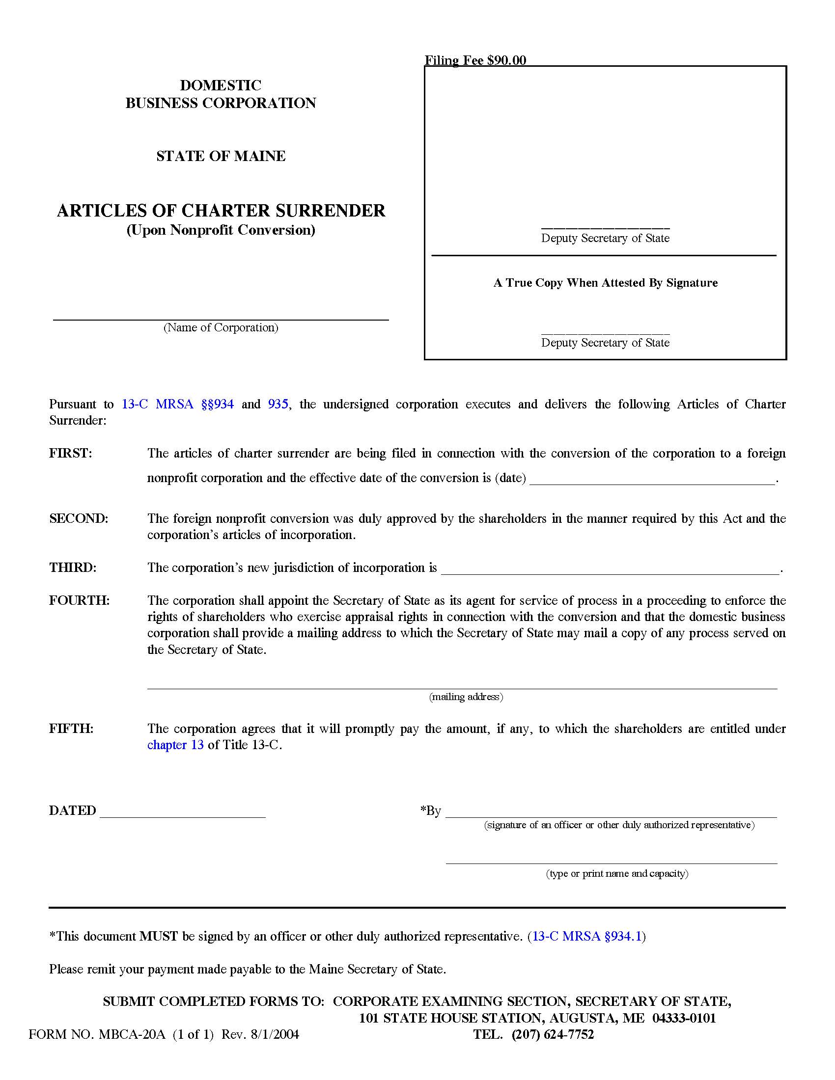 Articles Of Charter Surrender Upon Nonprofit Conversion {MBCA-20A} | Pdf Fpdf Doc Docx | Maine