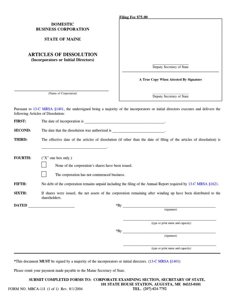 Articles Of Dissolution By Incorporators Or Initial Directors {MBCA-11I} | Pdf Fpdf Doc Docx | Maine