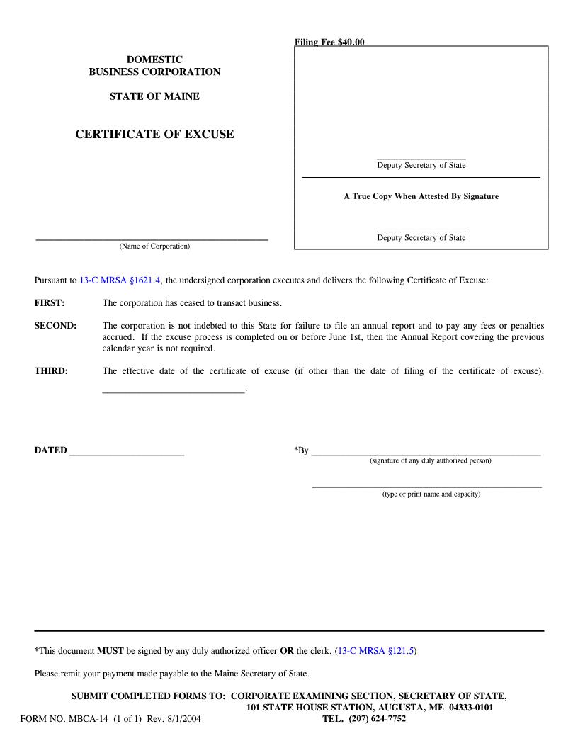 Certificate Of Excuse {MBCA-14} | Pdf Fpdf Doc Docx | Maine