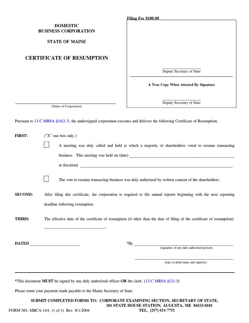 Certificate Of Resumption {MBCA-14A} | Pdf Fpdf Doc Docx | Maine