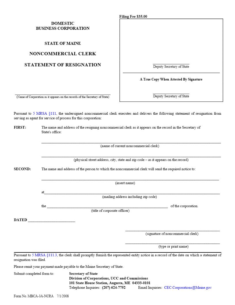 Noncommercial Clerk Statement Of Resignation Domestic Business Coropration {MBCA-3A-NCRA} | Pdf Fpdf Doc Docx | Maine