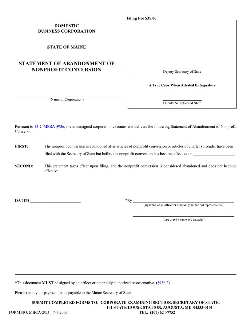 Statement Of Abandonment Of Nonprofit Conversion {MBCA-20B} | Pdf Fpdf Doc Docx | Maine