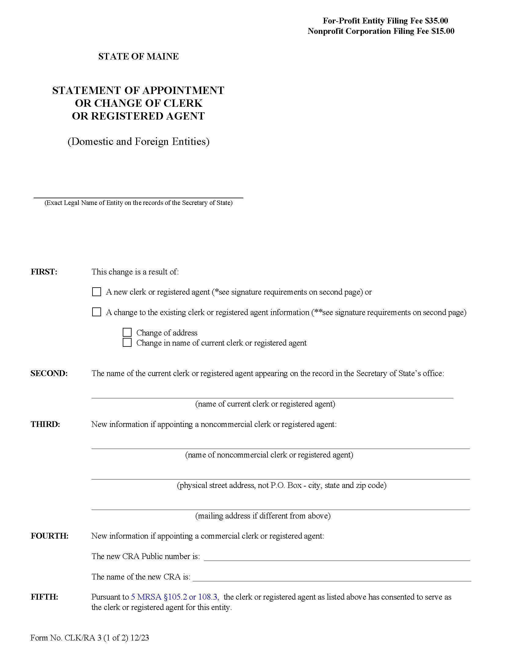 Statement Of Appointment Or Change Of Noncommercial Clerk Domestic Business Corporation {CLK RA 3} | Pdf Fpdf Doc Docx | Maine