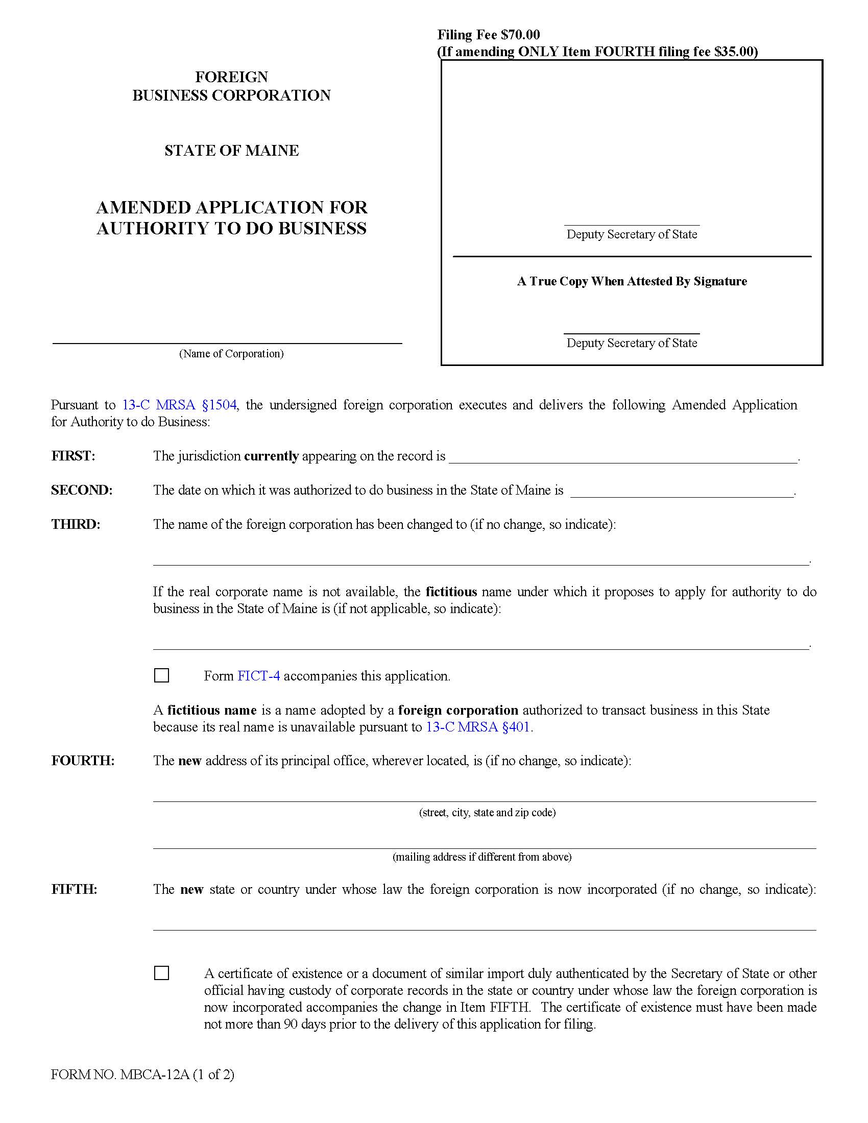 Amended Application For Authority To Do Business {MBCA-12A} | Pdf Fpdf Doc Docx | Maine