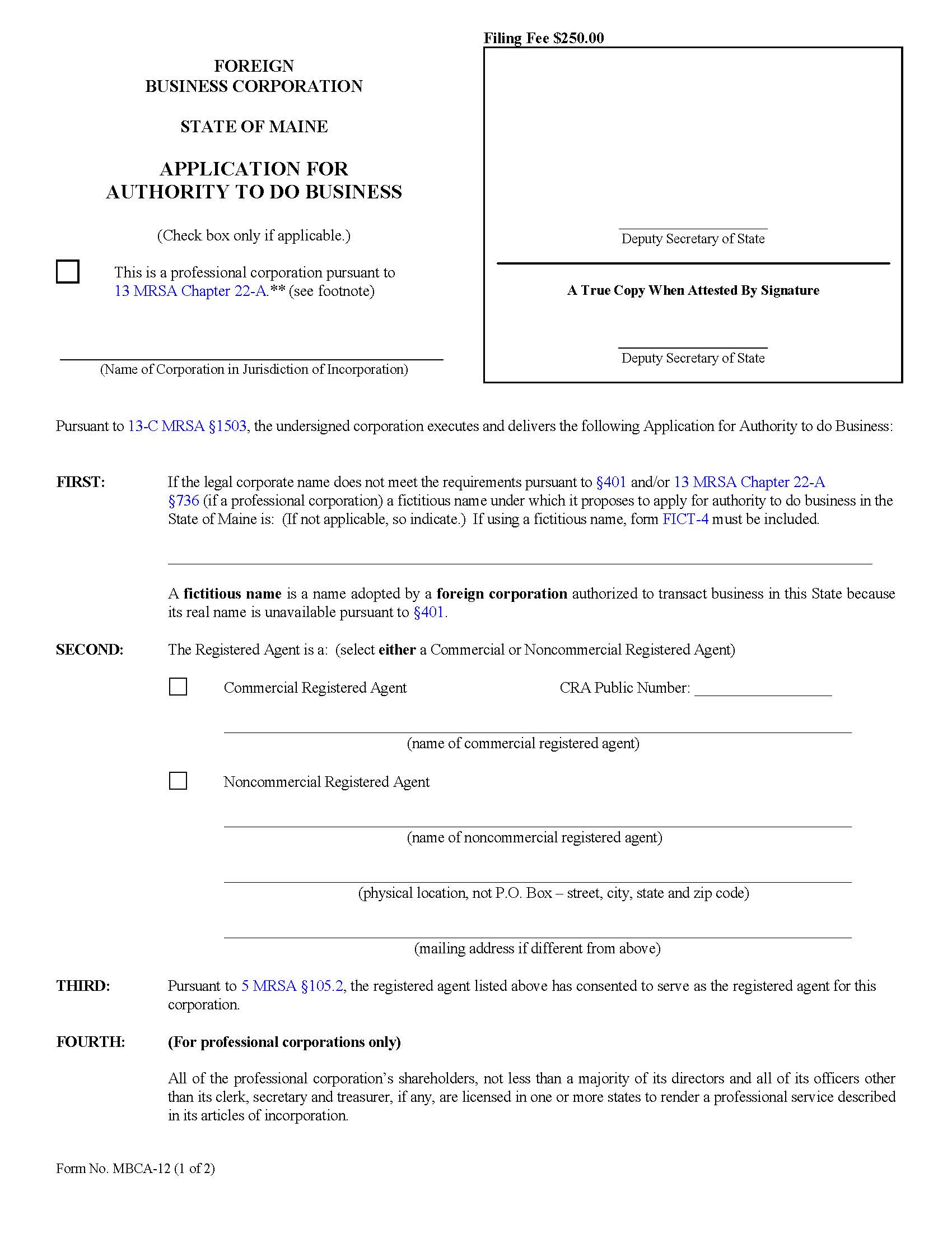 Application For Authority To Do Business {MBCA-12} | Pdf Fpdf Doc Docx | Maine