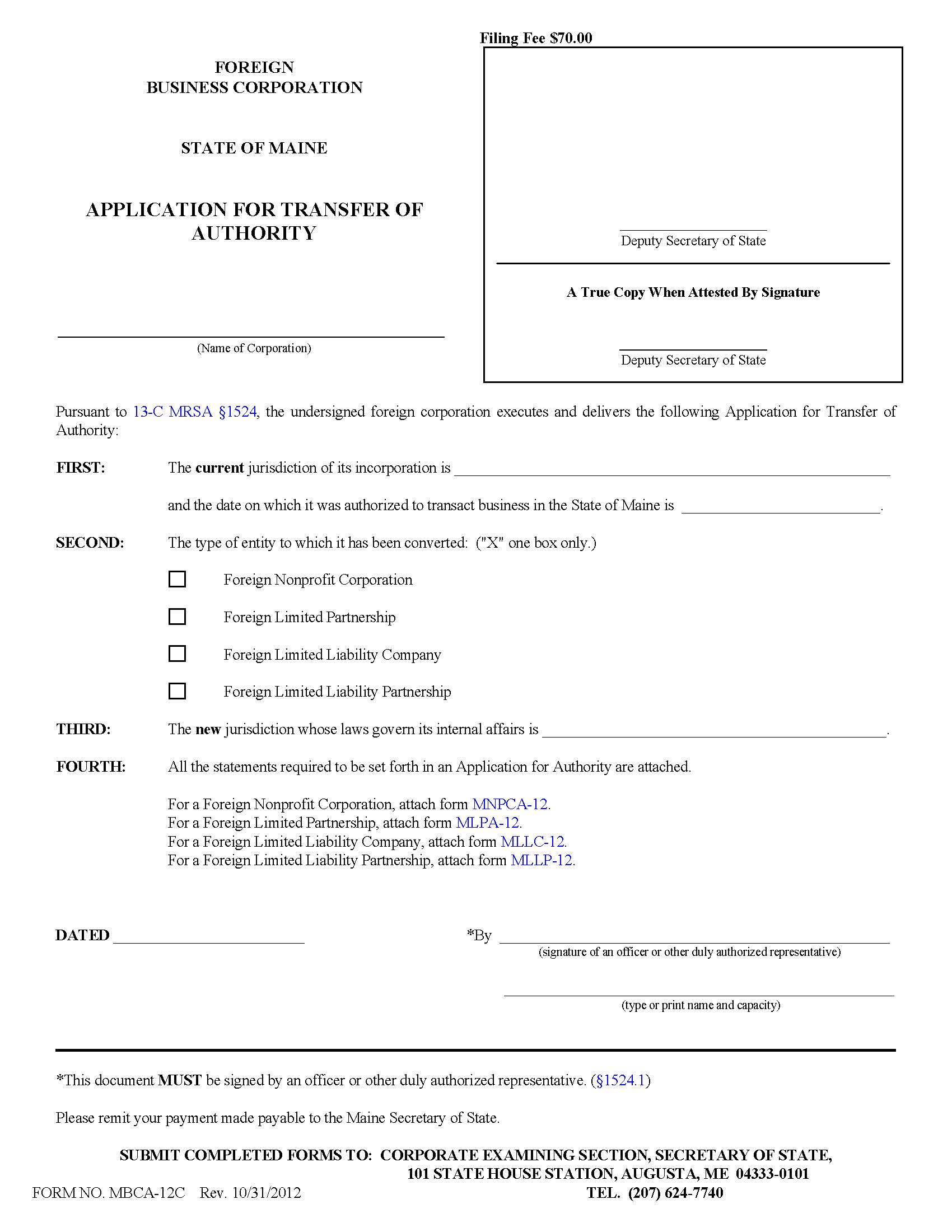 Application For Transfer Of Authority {MBCA-12C} | Pdf Fpdf Doc Docx | Maine