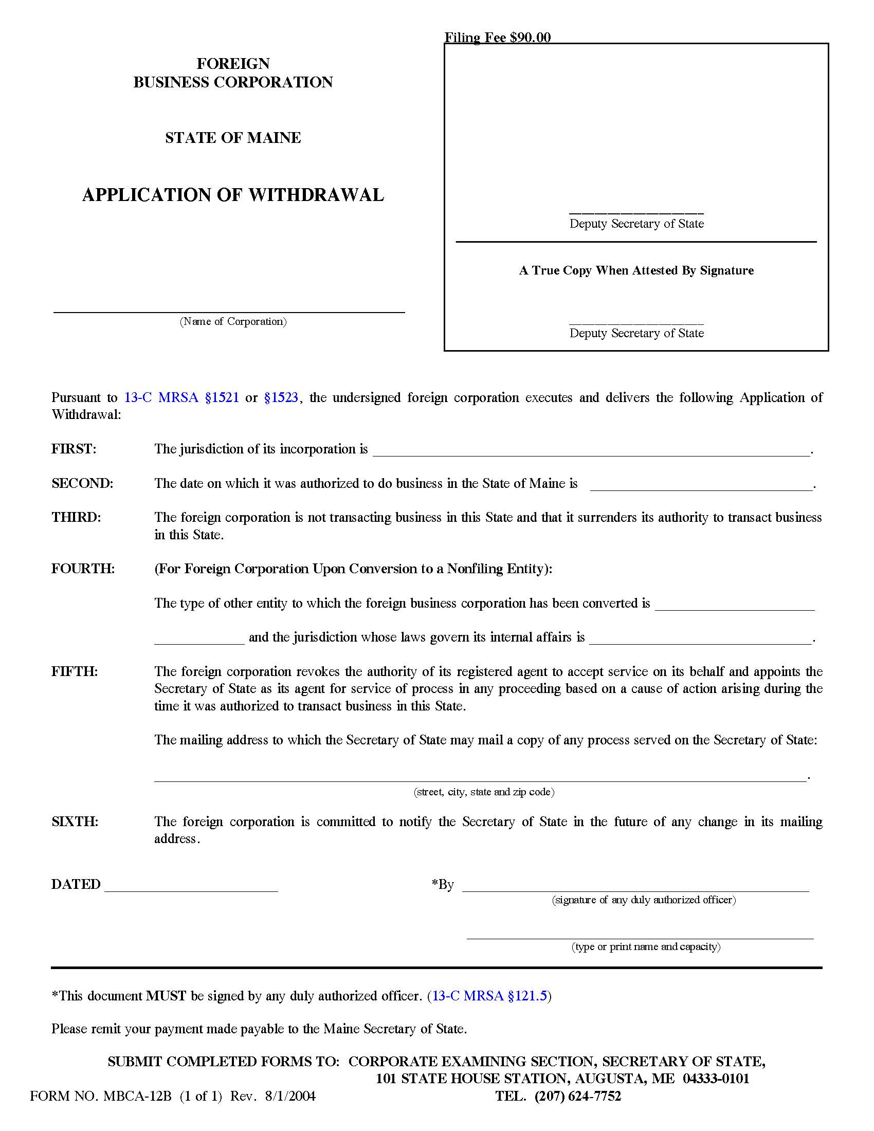 Application Of Withdrawal {MBCA-12B} | Pdf Fpdf Doc Docx | Maine