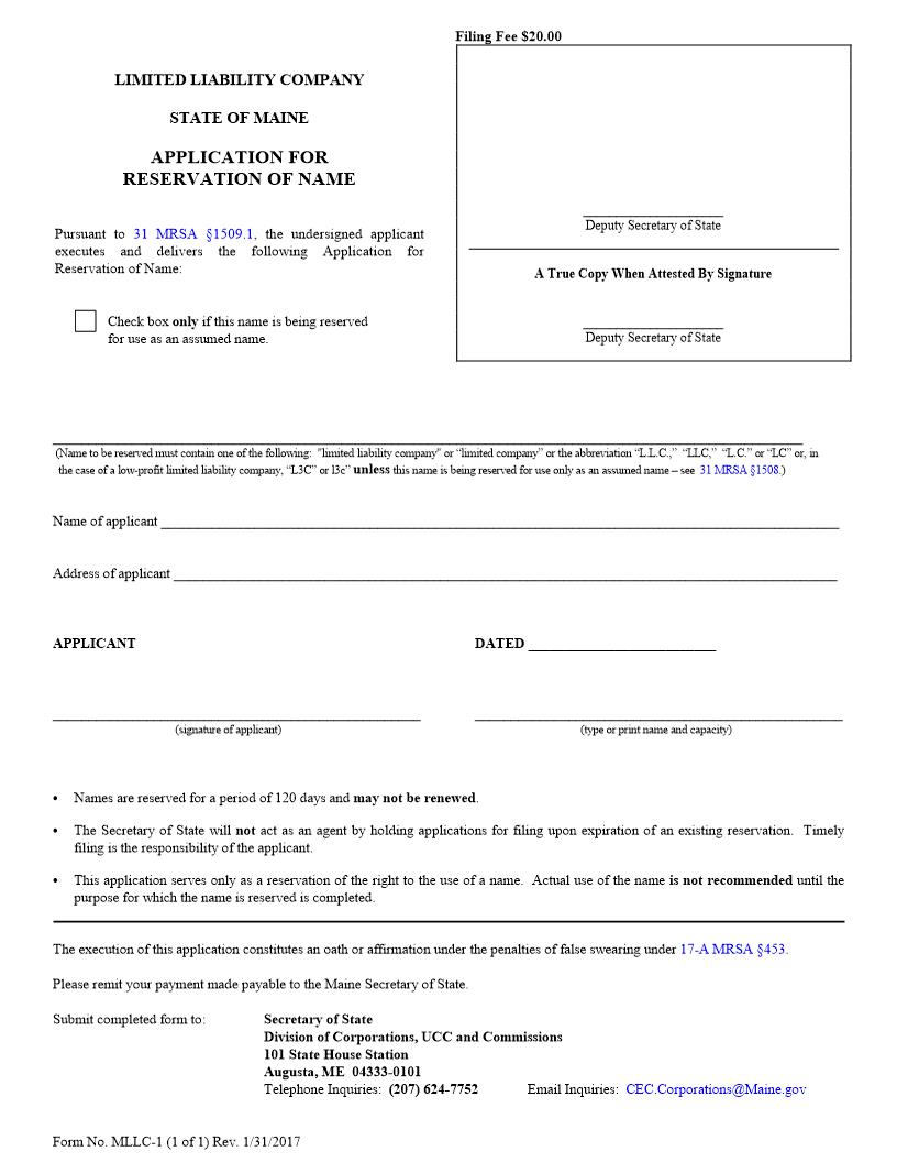 Application For Reservation Of Name {MLLC-1} | Pdf Fpdf Doc Docx | Maine