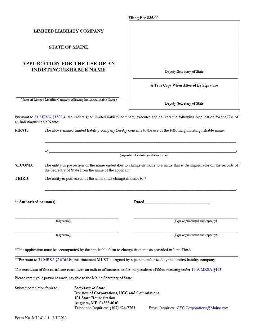 Application For Use Of Indistinguishable Name {MLLC-15} | Pdf Fpdf Doc Docx | Maine
