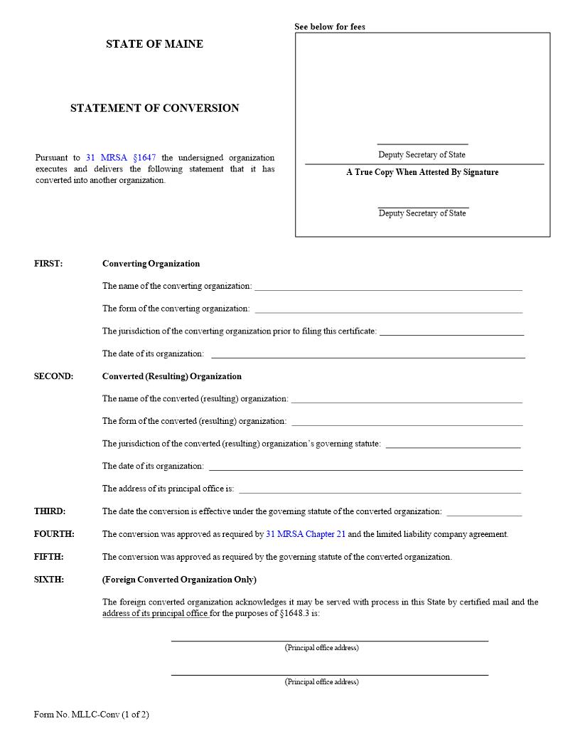 Statement Of Conversion {MLLC-Conv} | Pdf Fpdf Docx | Maine